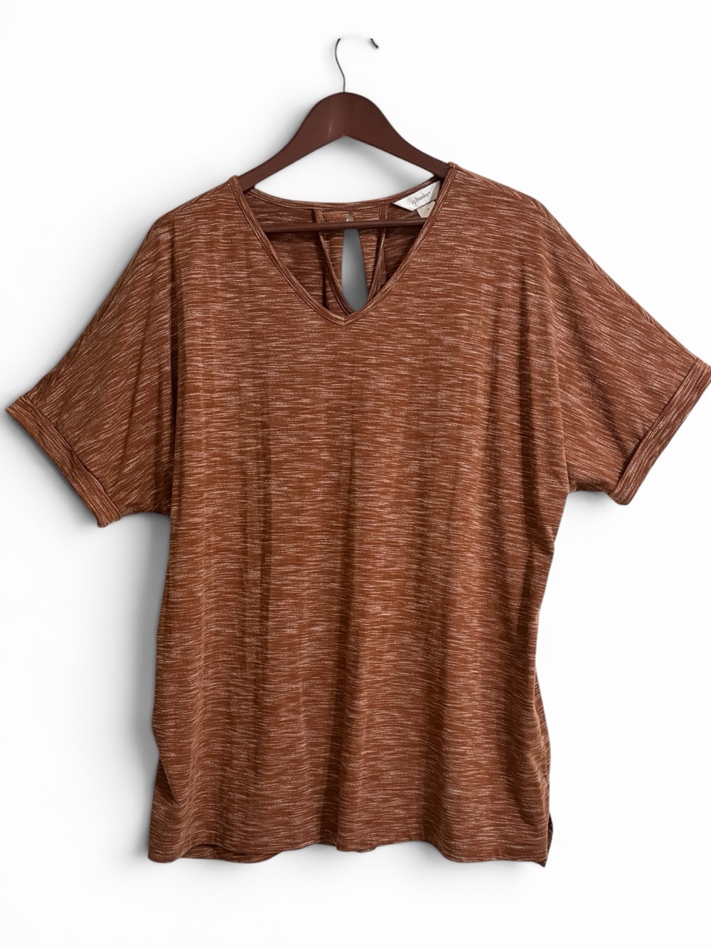 CJ Banks Heathered Rust Short Sleeve V-Neck Tee with Back Design